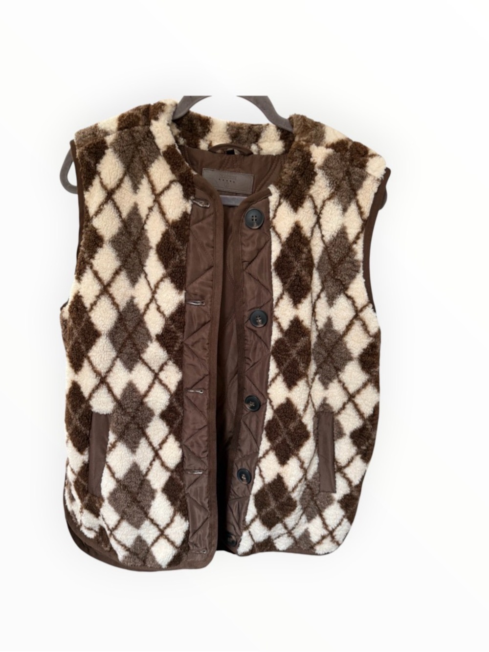 Blank NYC Faux Sherpa Vest in a brown and cream argyle pattern small